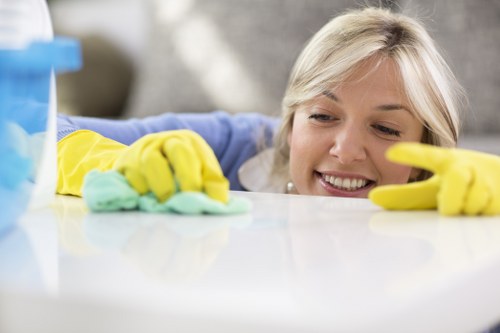 Sanitized Airbnb bathroom with fresh towels and polished surfaces